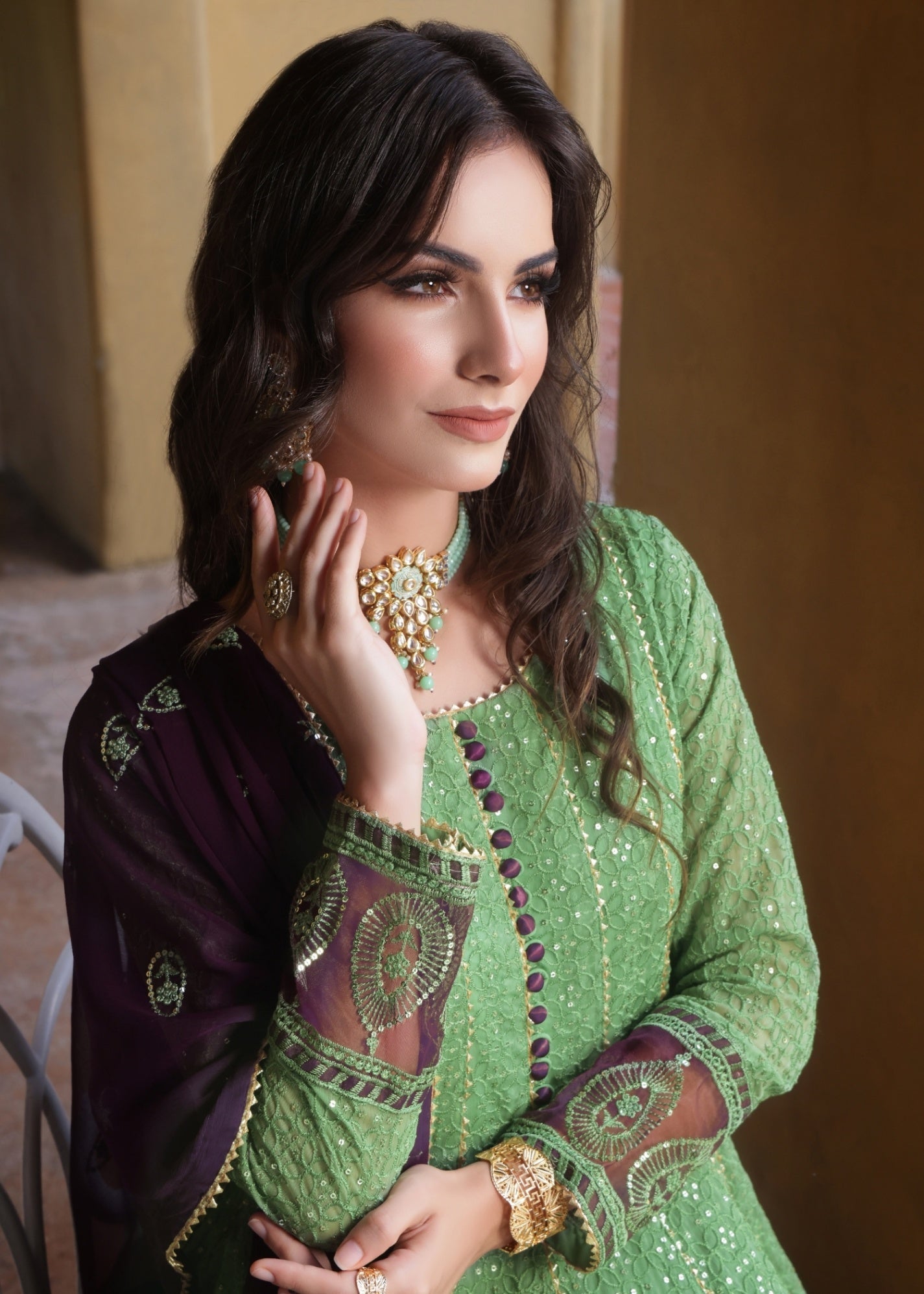 Designer Pistachio Green Chiffon Partywear Pishwas Online in KSA Riyadh Saudi Arabia Oman Bahrain Qatar