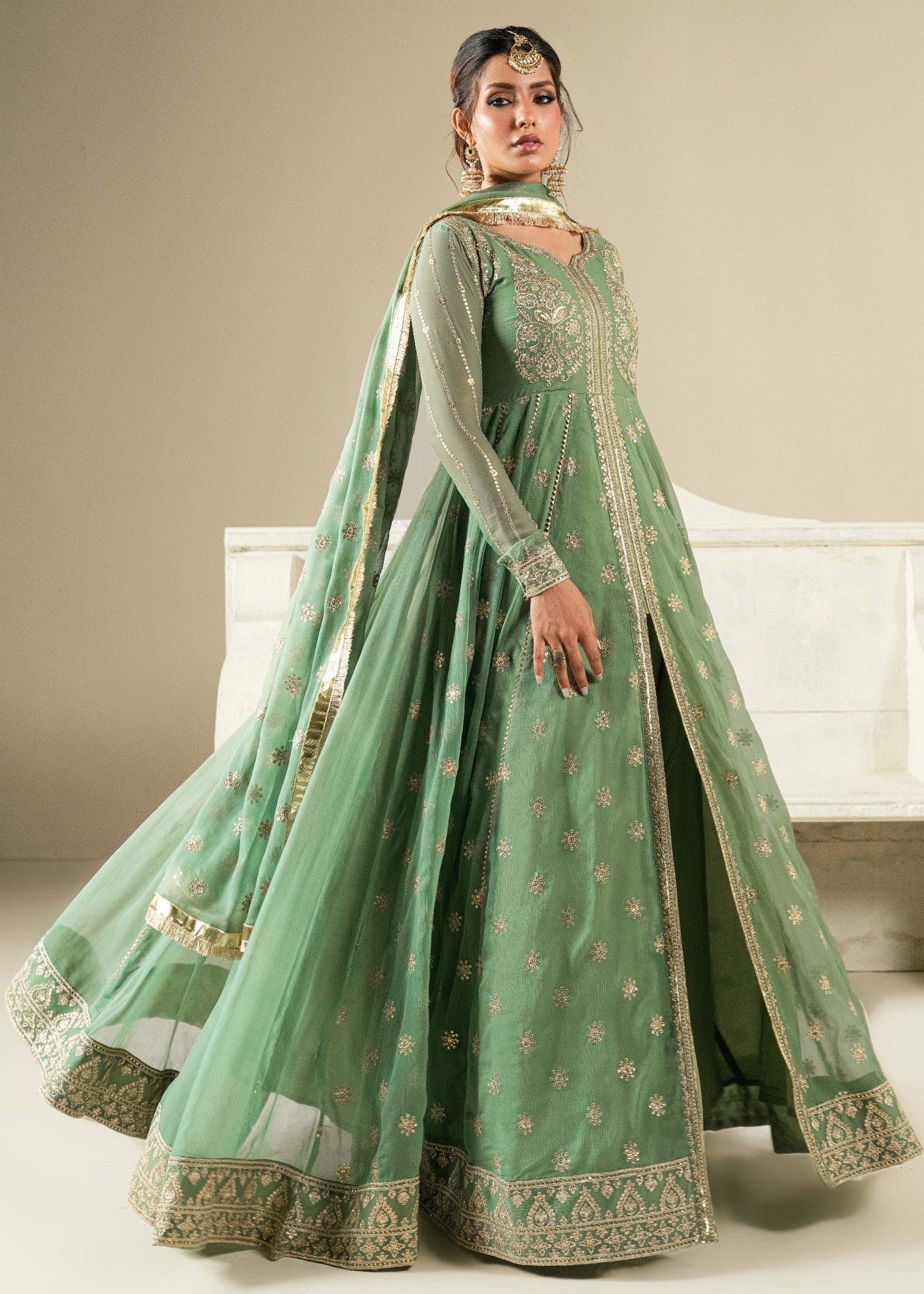 Designer Pistachio Green Embroidered Chiffon Pishwas Online in KSA Riyadh Saudi Arabia Oman Bahrain Qatar