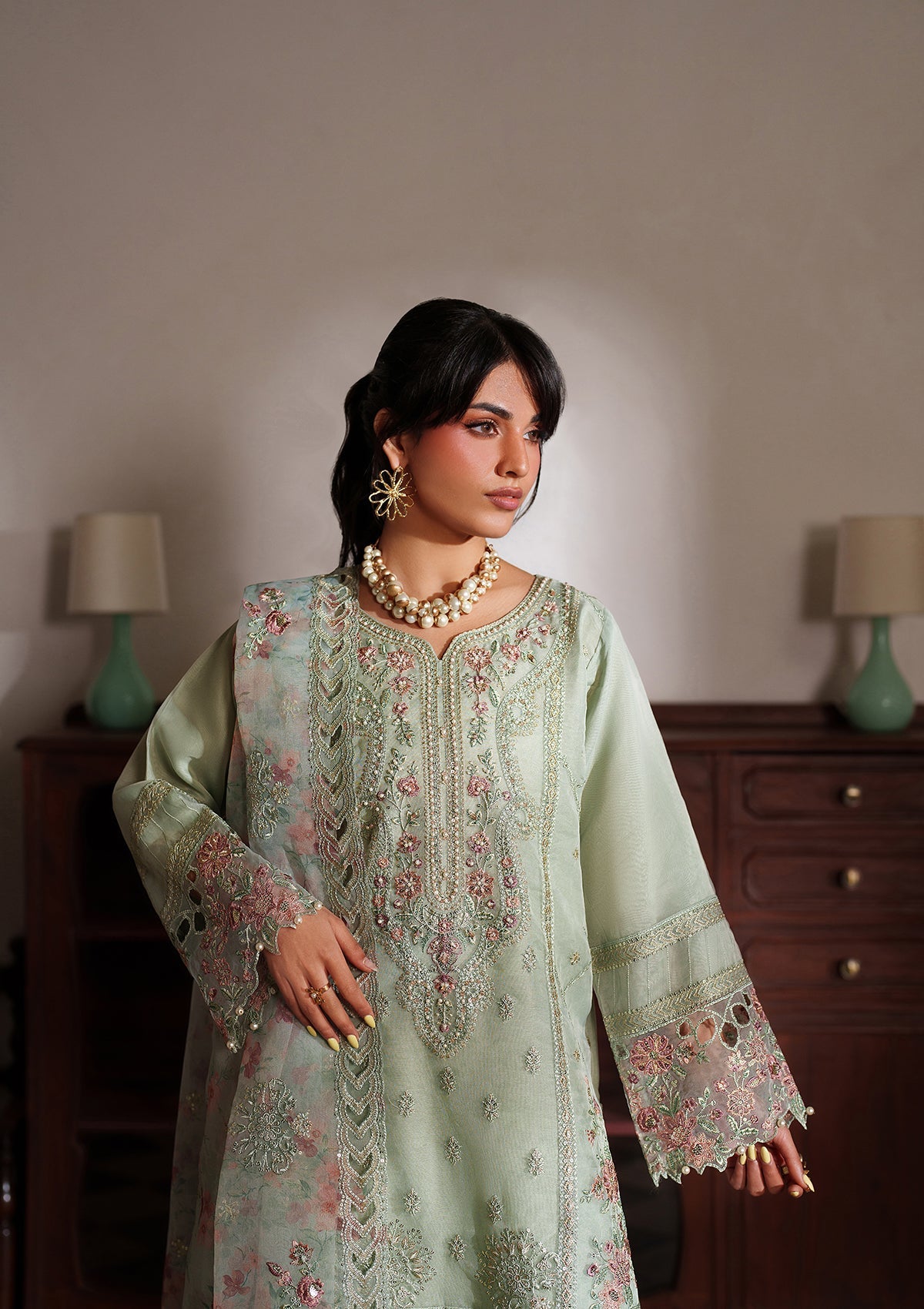 Designer Pistachio Green Pakistani Suit Online in KSA Riyadh Saudi Arabia Oman Bahrain Qatar