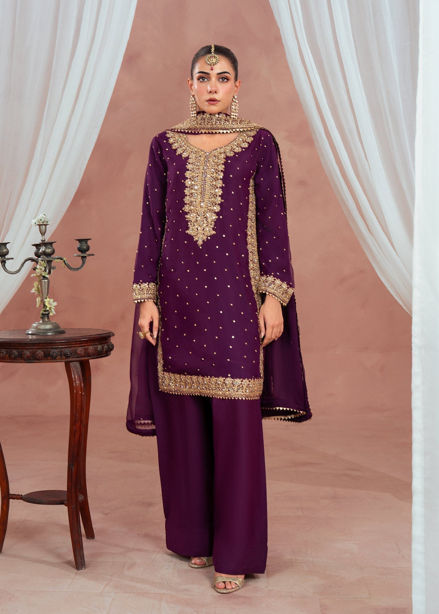 Designer Plum Chiffon Salwar Kameez Online in KSA Riyadh Saudi Arabia Oman Bahrain Qatar