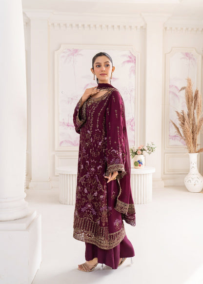 Designer Plum Embroidered Chiffon Salwar Suit Online in KSA Riyadh Saudi Arabia Oman Bahrain Qatar