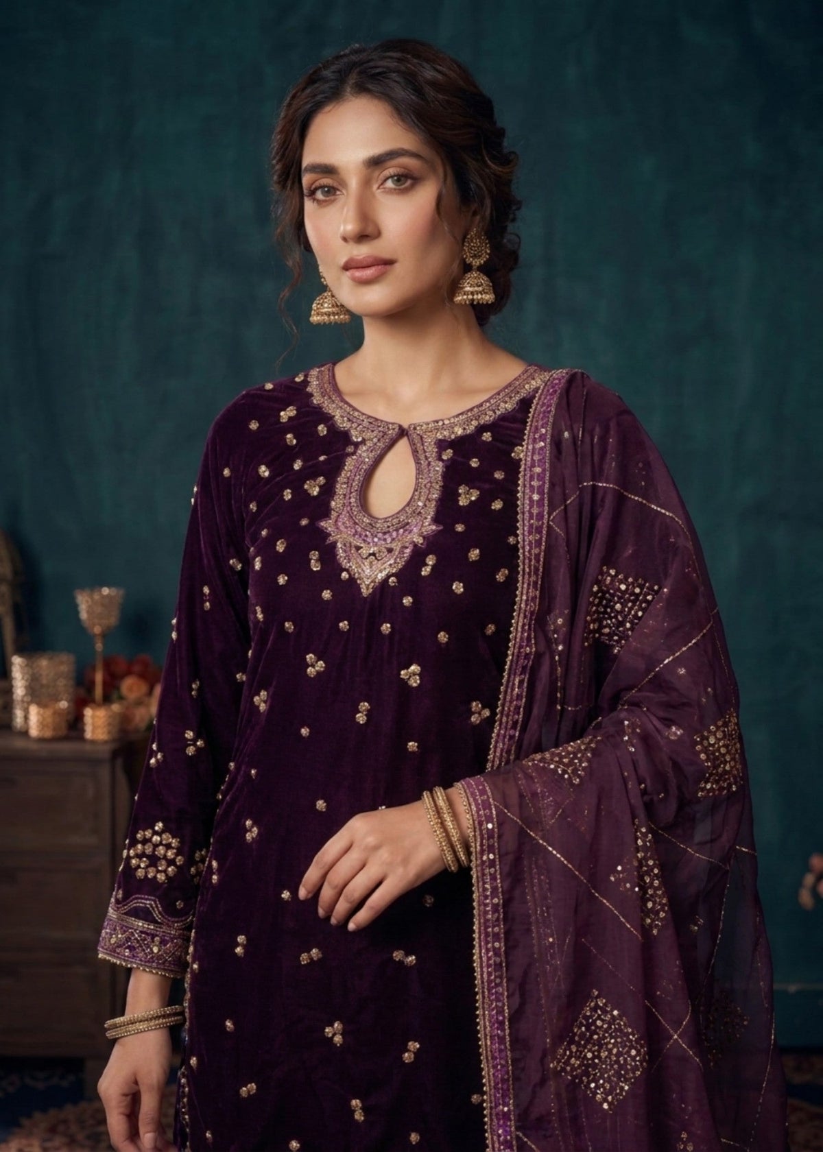 Designer Plum Velvet Salwar Kameez Online in KSA Riyadh Saudi Arabia Oman Bahrain Qatar