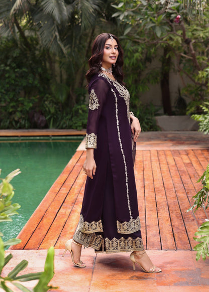 Designer Purple Chiffon 3 Piece Suit Online in UK USA Canada