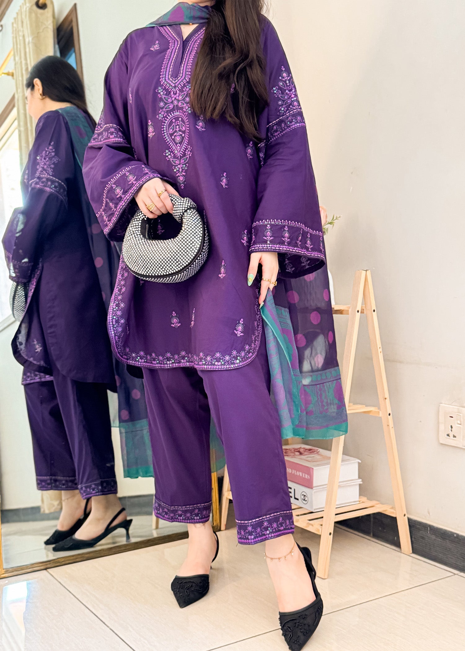 Designer Purple Embroidered Lawn Suit Online in Dubai DXB UAE Abudhabi Meena Bazaar