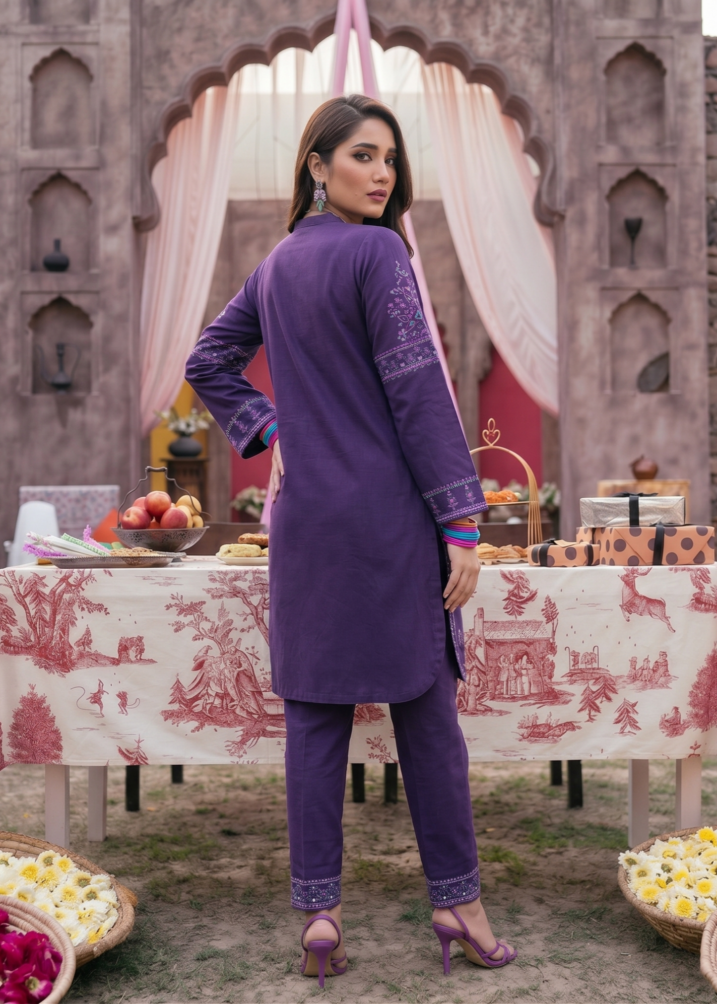Designer Purple Embroidered Lawn Suit Online in KSA Riyadh Saudi Arabia Oman Bahrain Qatar