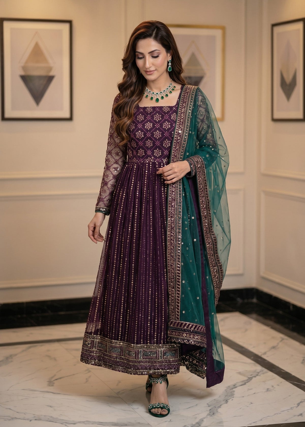 Designer Purple Net Pishwas Pakistani Suit Online in KSA Riyadh Saudi Arabia Oman Bahrain Qatar