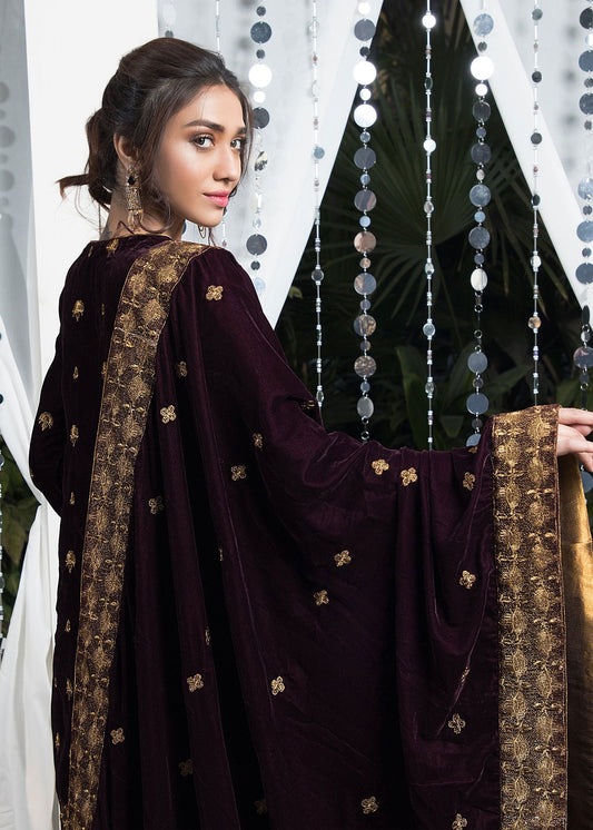 Designer Purple Velvet 3 Piece Stitched Outfit Online in UK USA Canada