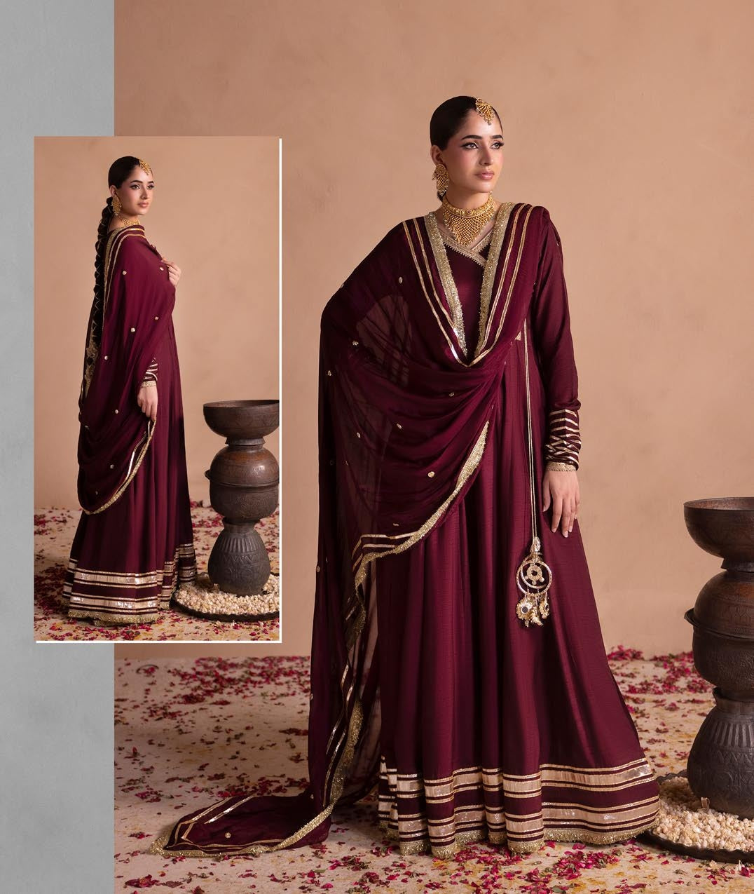 Designer Raw Silk Maxi with Trousers and Dupatta Online in Dubai UAE Abudhabi Ajman Sharjah