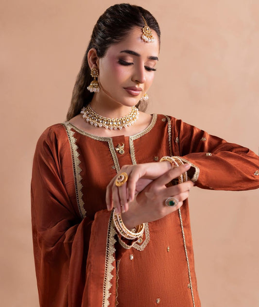 Designer Raw Silk Shalwar Kameez in Rust Color Online in KSA Riyadh Saudi Arabia Oman Bahrain Qatar