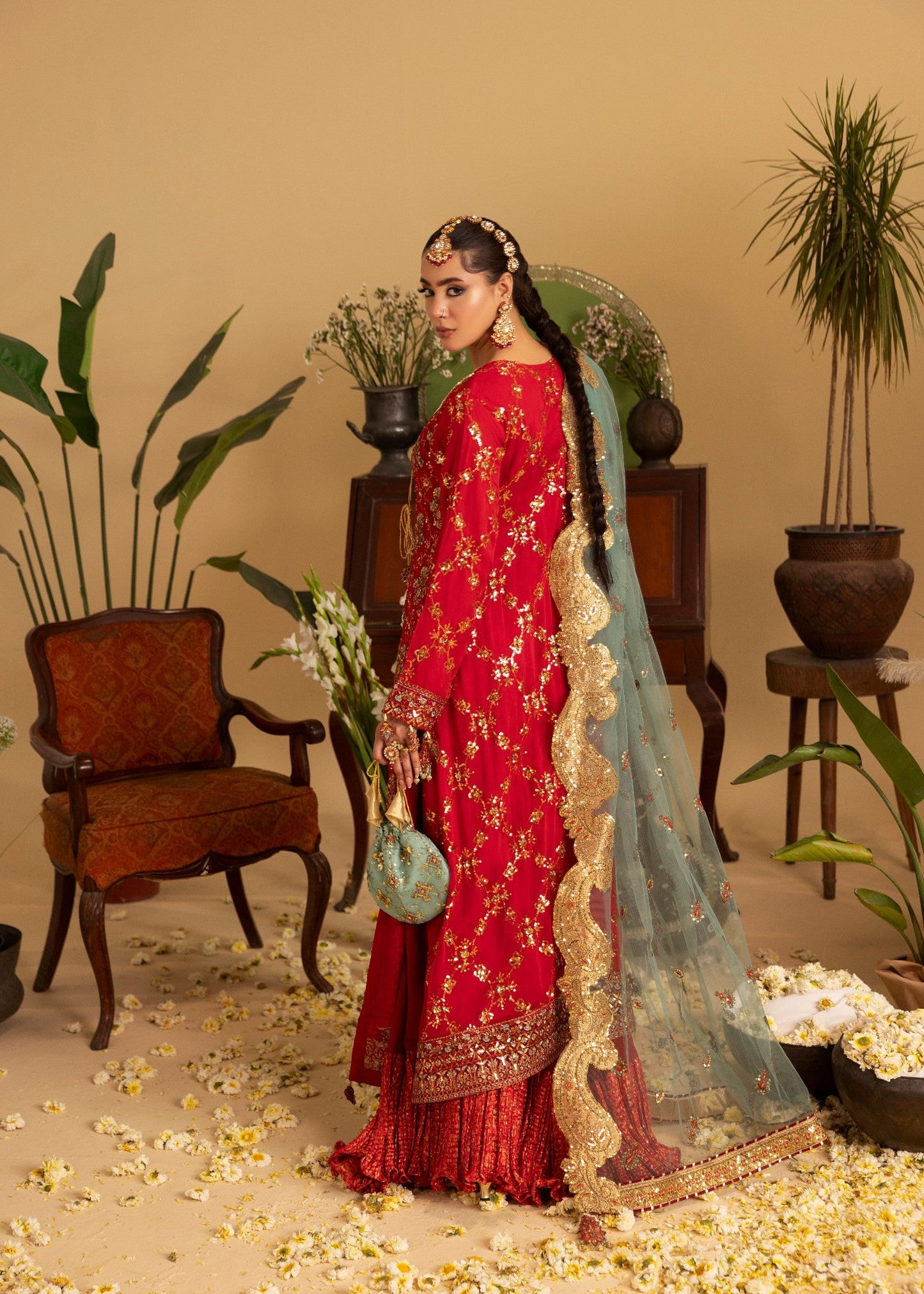 Designer Red Chiffon Wedding Gown Online in KSA Riyadh Saudi Arabia Oman Bahrain Qatar