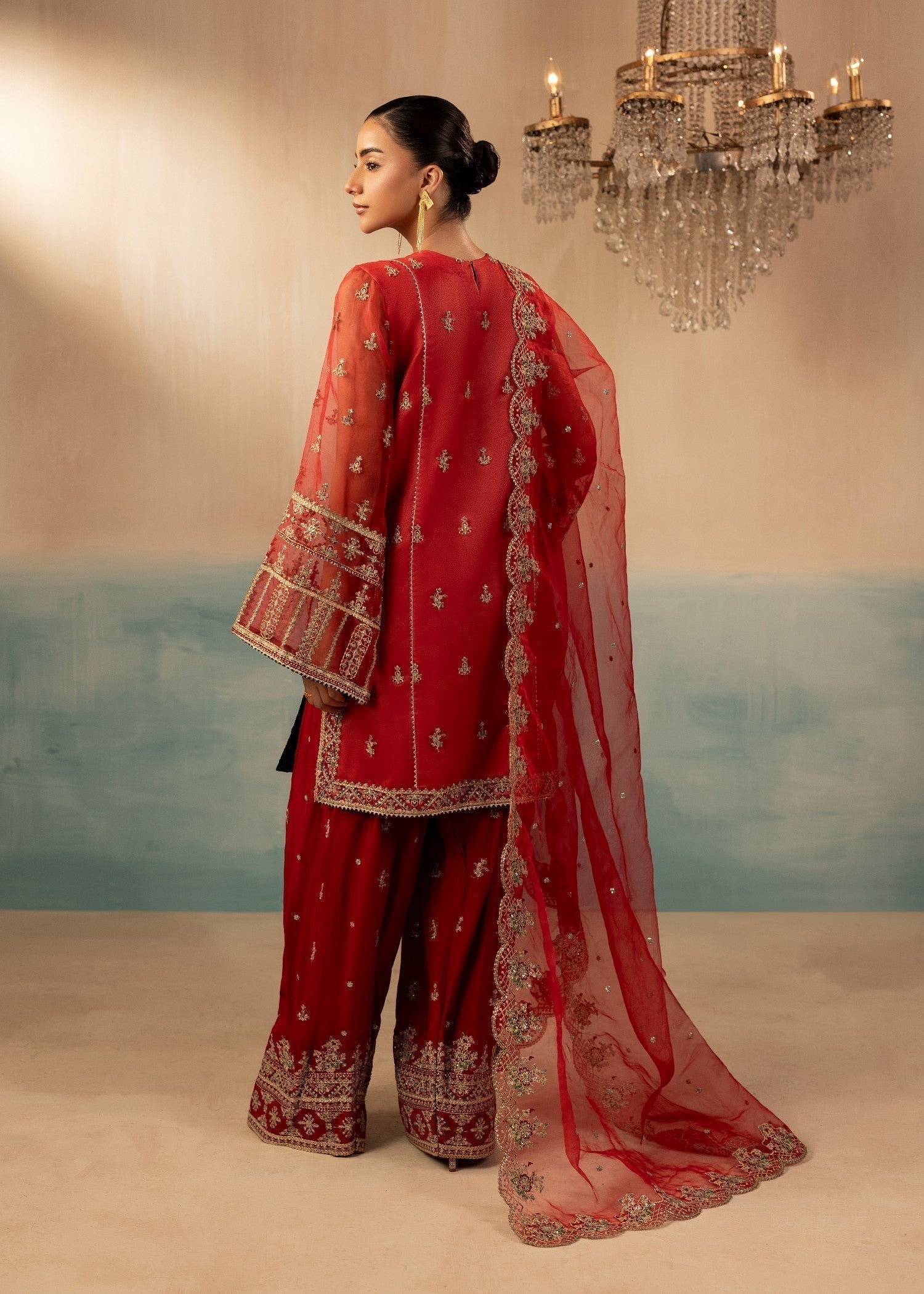 Designer Red Embroidered Farshi Shalwar Dupatta Set Online in KSA Riyadh Saudi Arabia Oman Bahrain Qatar