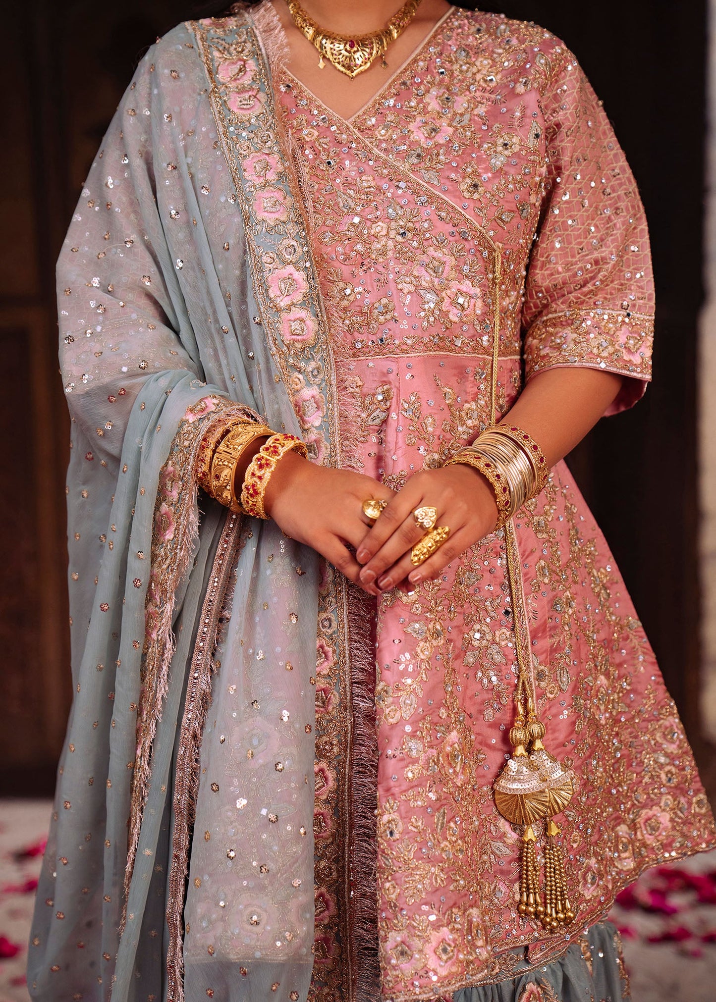 Designer Rose Pink Charmuse Gharara Wedding Outfit Online in KSA Riyadh Saudi Arabia Oman Bahrain Qatar
