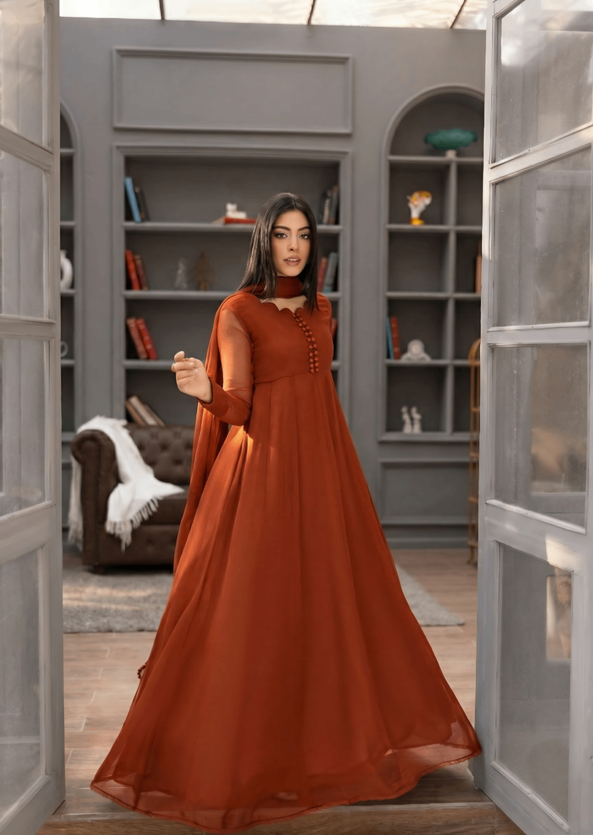 Designer Rust Orange Chiffon Flared Maxi Salwar Kameez Online in KSA Riyadh Saudi Arabia Oman Bahrain Qatar