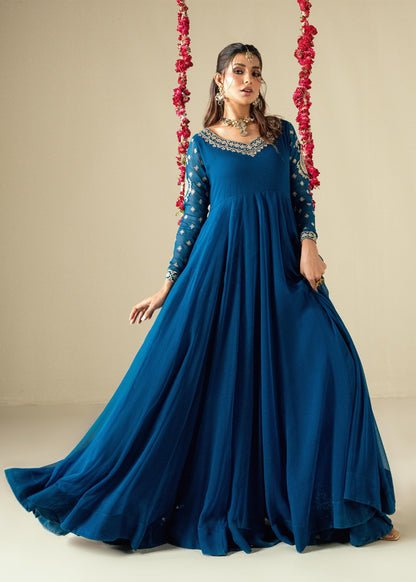 Designer Sapphire Blue Embroidered Chiffon Suit Online in KSA Riyadh Saudi Arabia Oman Bahrain Qatar