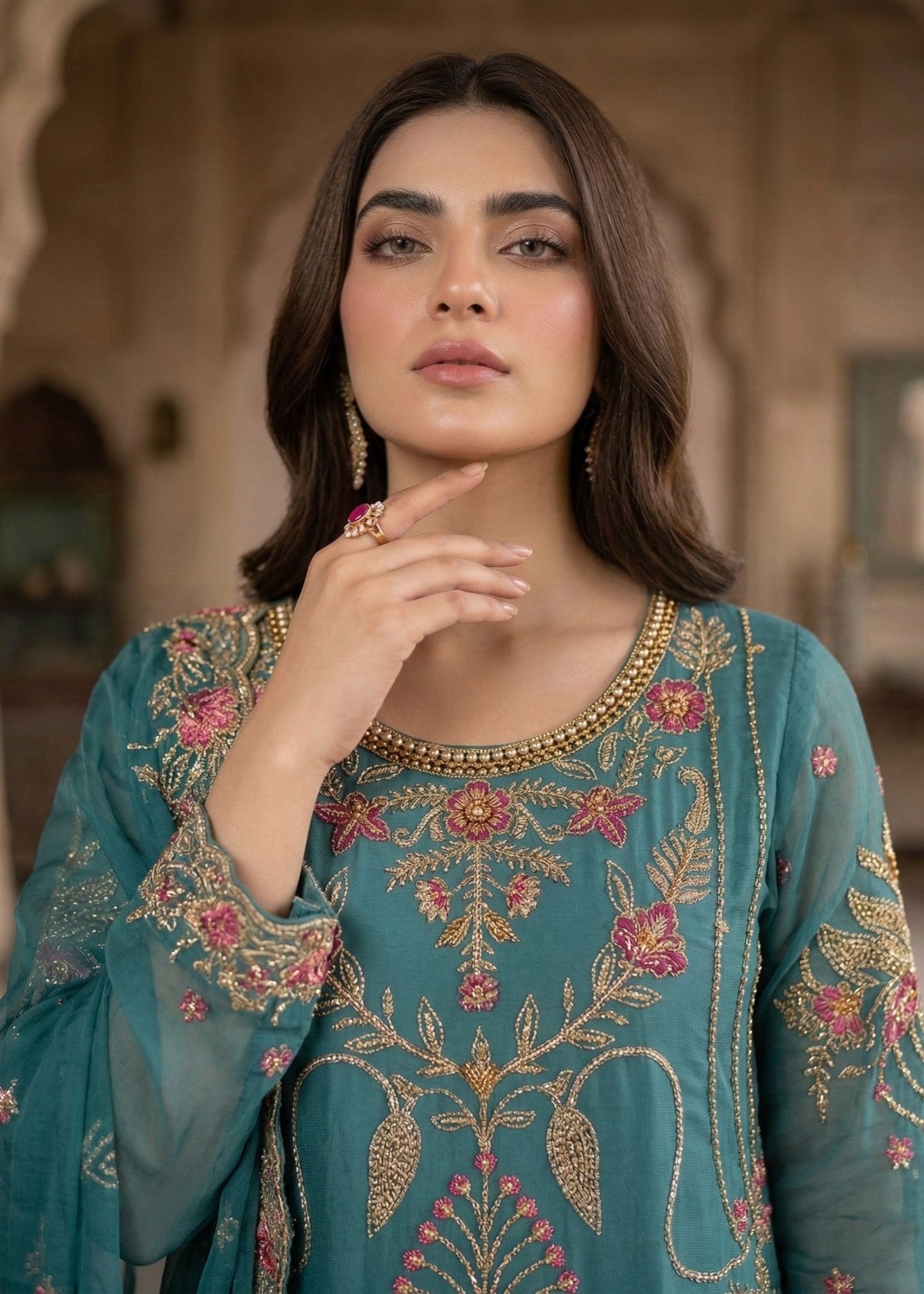 Designer Sea Green Embroidered Gharara Set Online in KSA Riyadh Saudi Arabia Oman Bahrain Qatar