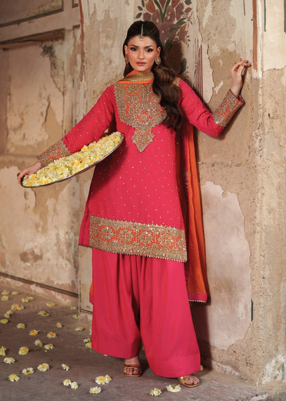 Designer Shocking Pink Chiffon Farshi Shalwar Outfit Online in KSA Riyadh Saudi Arabia Oman Bahrain Qatar