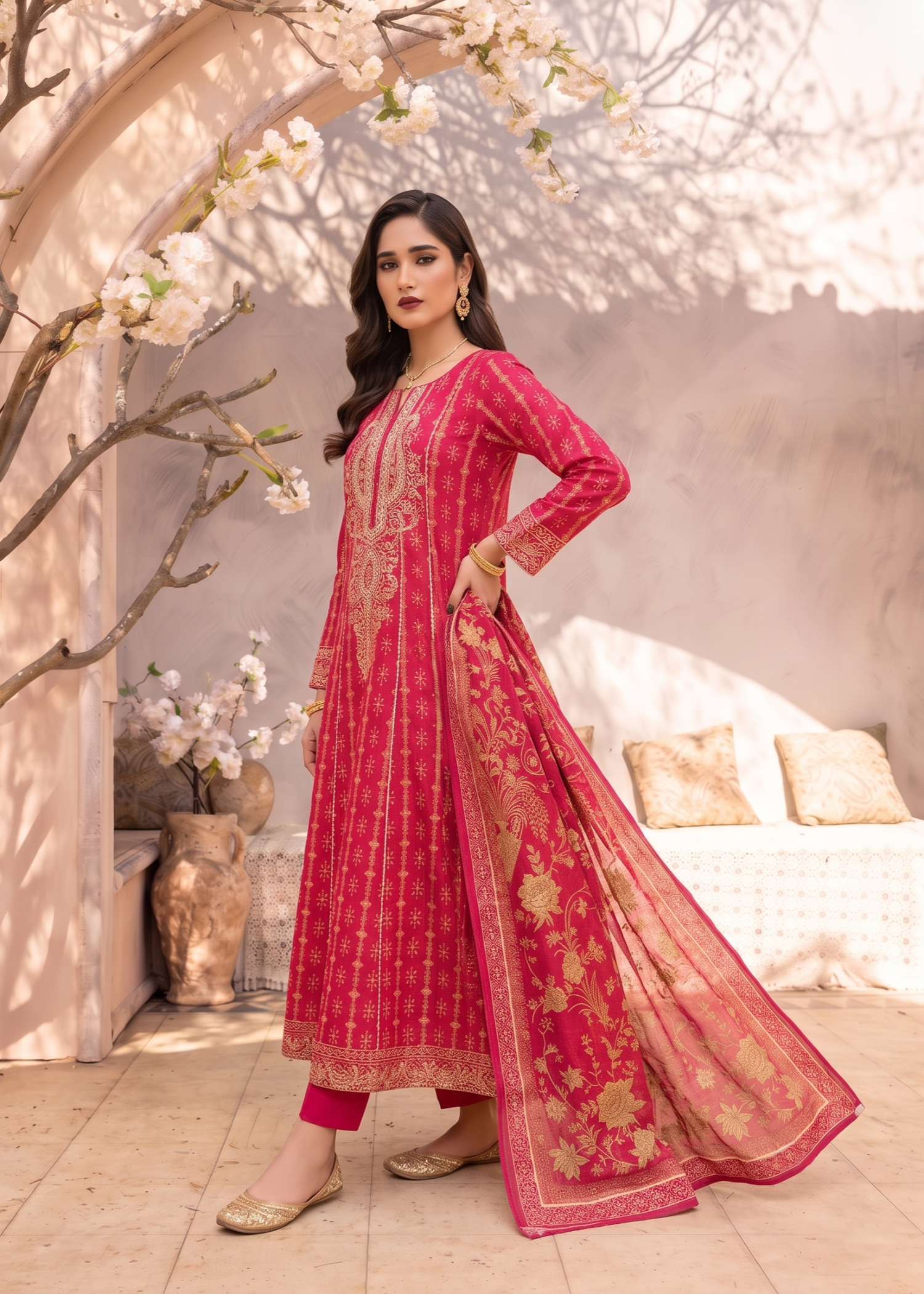 Designer Shocking Pink Jacquard Pishwas Outfit Online in Dubai DXB UAE Abudhabi Meena Bazaar