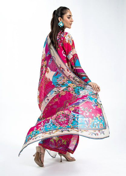 Designer Shocking Pink Raw Silk Kaftan with Tussles Online in KSA Riyadh Saudi Arabia Oman Bahrain Qatar