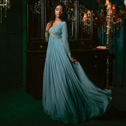 Designer Sky Blue Chiffon Salwar Suit Online in KSA Riyadh Saudi Arabia Oman Bahrain Qatar