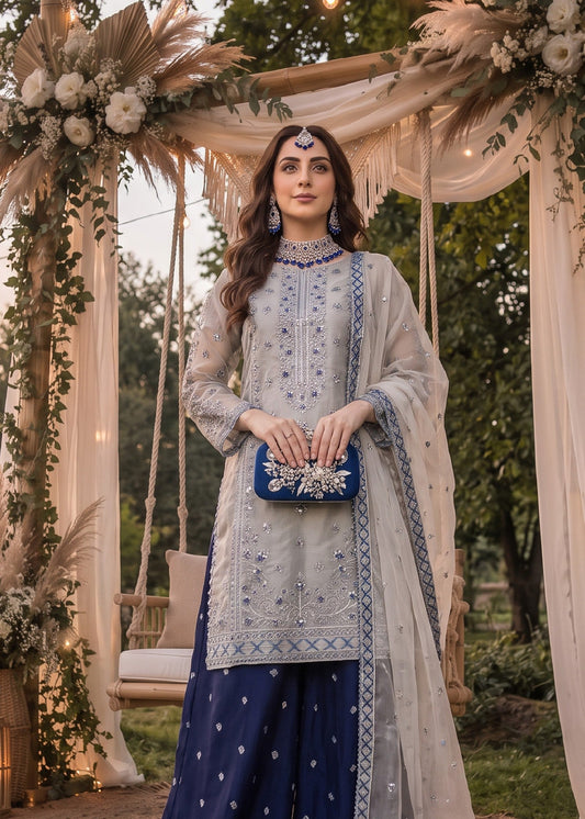 Designer Sky Blue Organza Salwar Kameez Online in KSA Riyadh Saudi Arabia Oman Bahrain Qatar