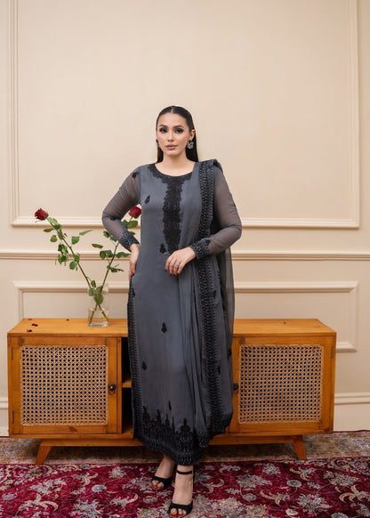 Designer Slate Grey Embroidered Chiffon Salwar Kameez Online in KSA Riyadh Saudi Arabia Oman Bahrain Qatar