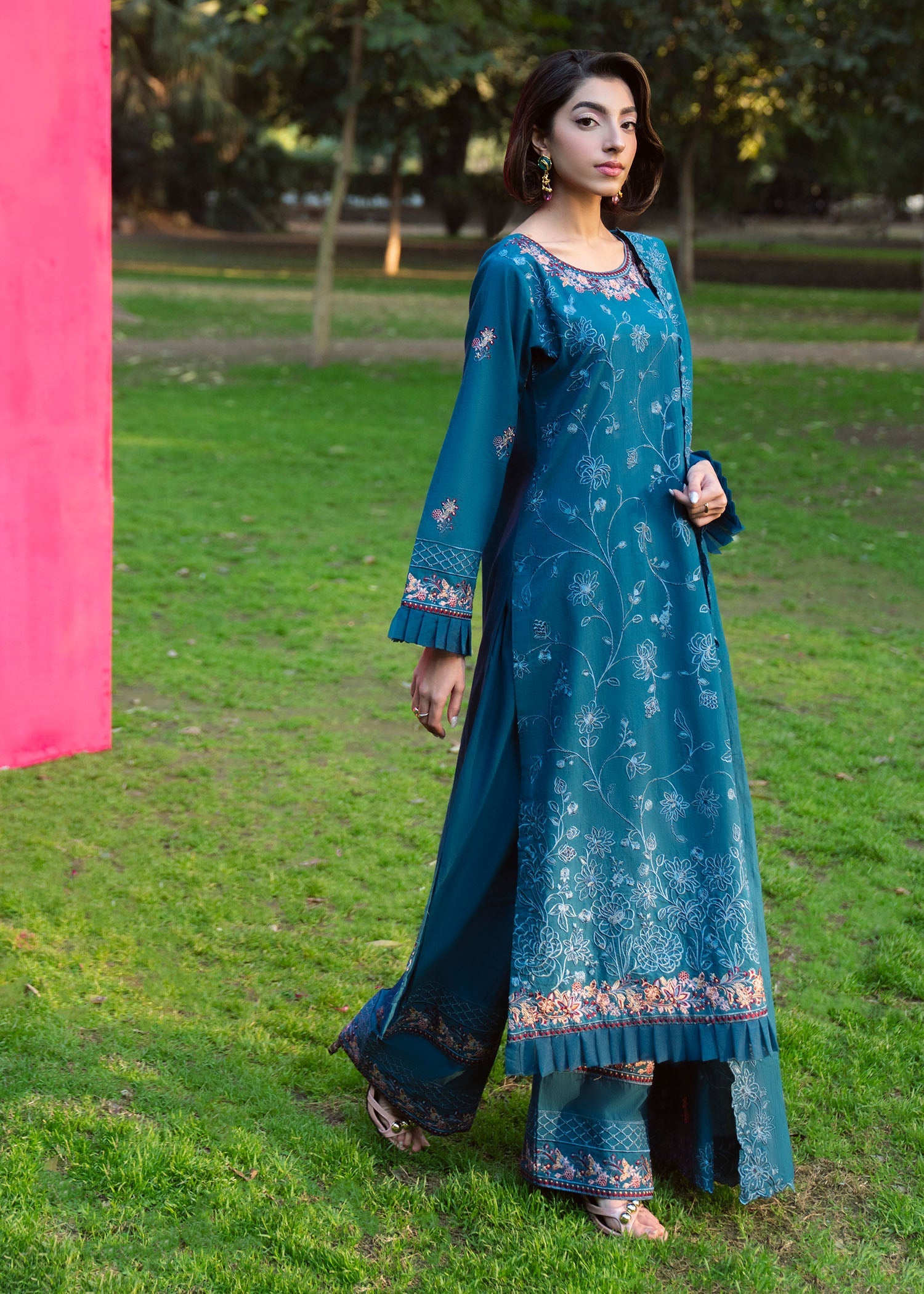 Designer Steel Blue Embroidered Lawn Suit Online in Sri Lanka India Australia