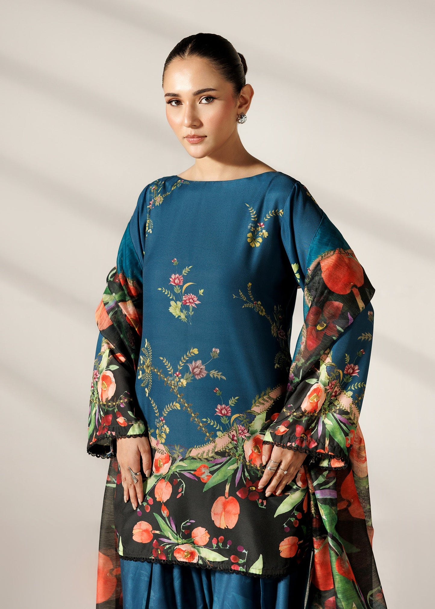 Designer Steel Teal Printed Farshi Shalwar Online in UK USA Canada