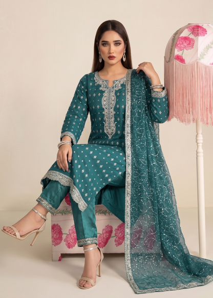 Designer Teal Chiffon Pakistani Suit with Raw Silk Bottom Online in KSA Riyadh Saudi Arabia Oman Bahrain Qatar