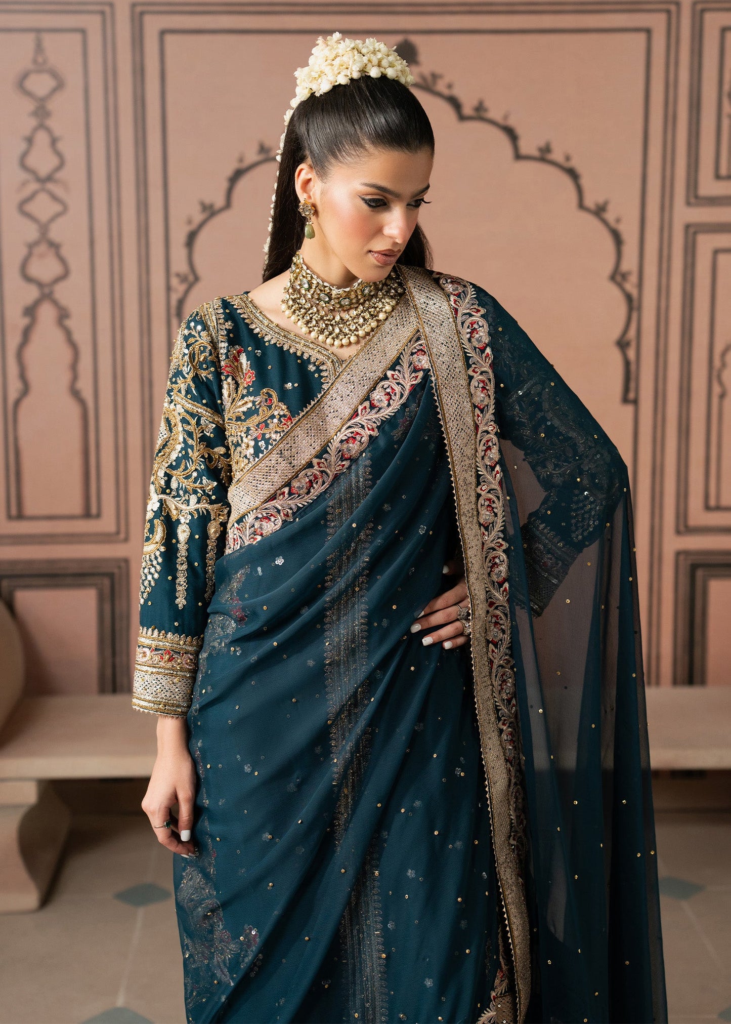 Designer Teal Chiffon Pishwas for Wedding Online in KSA Riyadh Saudi Arabia Oman Bahrain Qatar