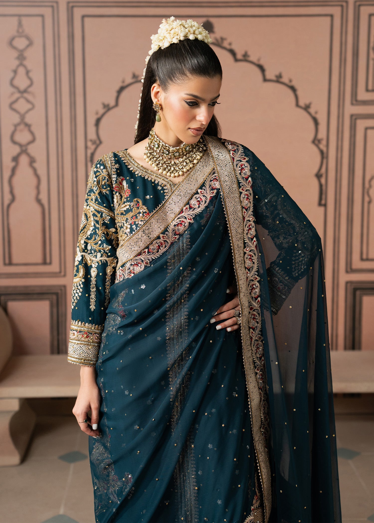 Designer Teal Chiffon Pishwas for Wedding Online in KSA Riyadh Saudi Arabia Oman Bahrain Qatar