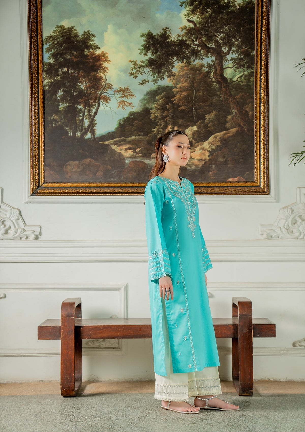 Designer Turquoise Cotton Kurta Set Online in KSA Riyadh Saudi Arabia Oman Bahrain Qatar