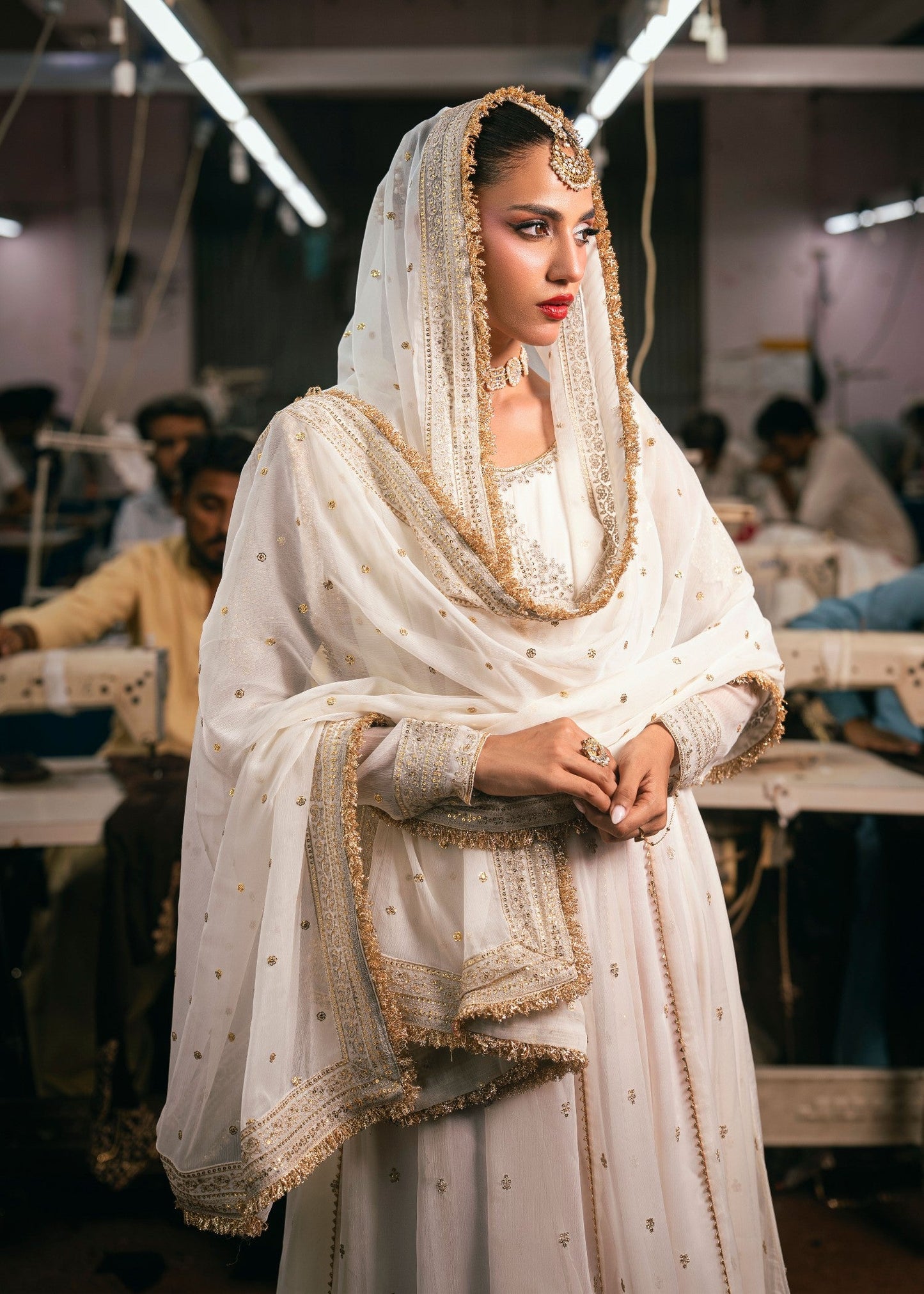 Designer White Chiffon Maxi with Kiran Lace Online in Dubai DXB UAE Abudhabi Meena Bazaar