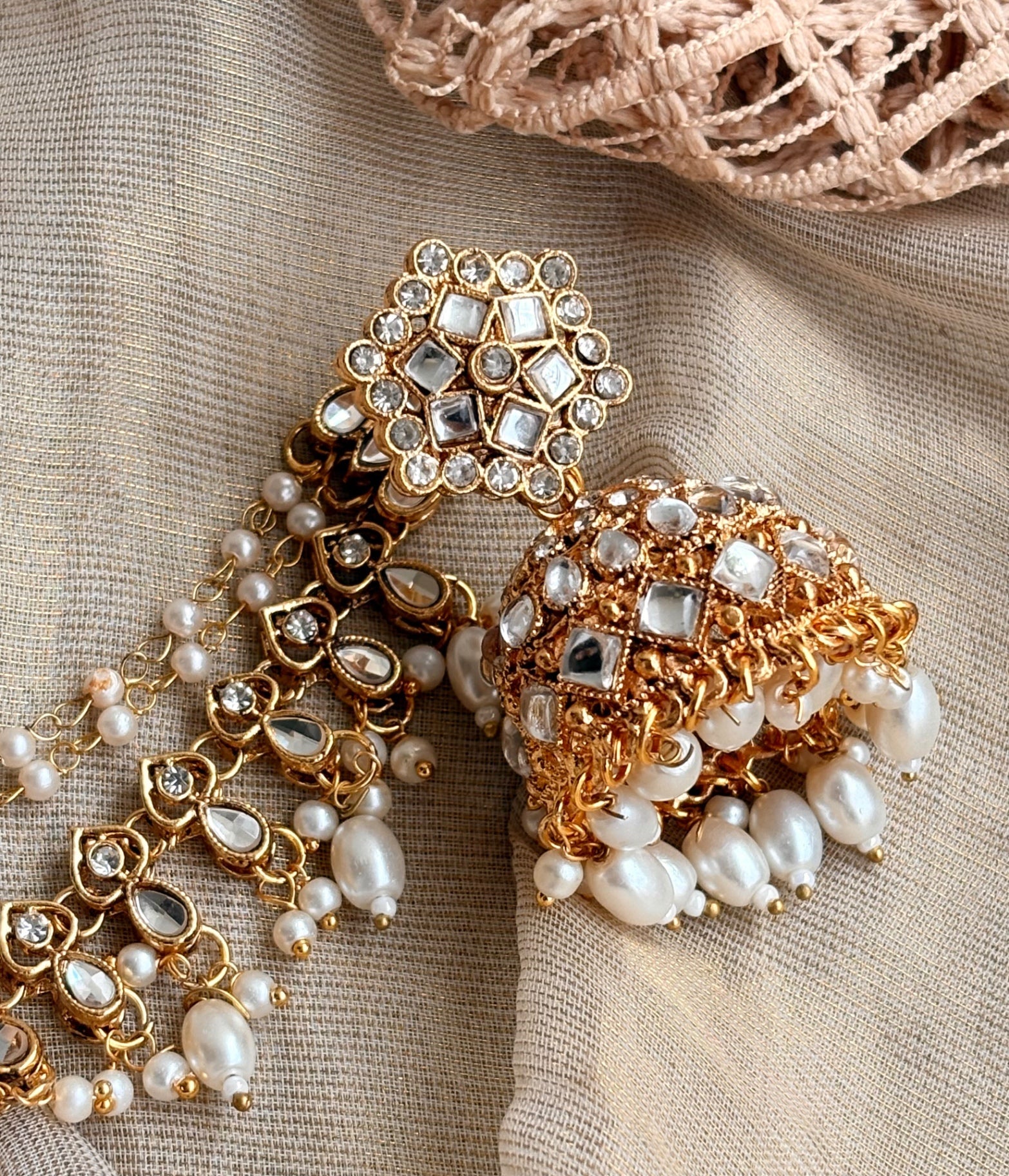 Designer White Jhumki Earrings Gold Plated Online in KSA Riyadh Saudi Arabia Oman Bahrain Qatar