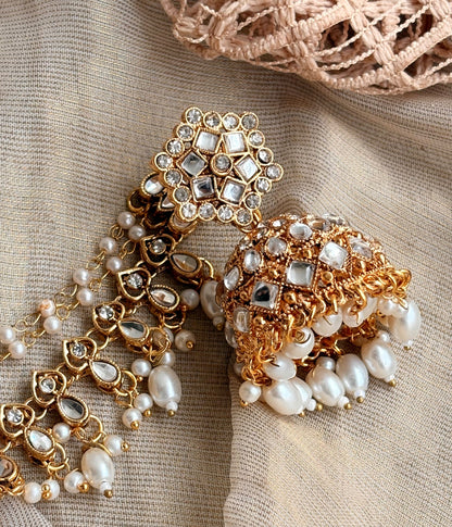 Designer White Jhumki Earrings Gold Plated Online in KSA Riyadh Saudi Arabia Oman Bahrain Qatar