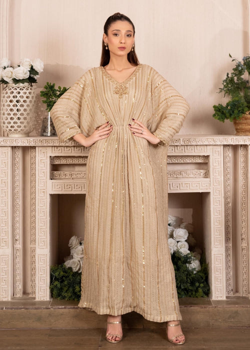 Cream Sequins Embroidered Chiffon Kaftan