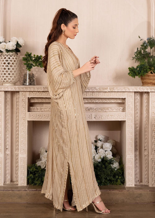 Light Gold Sequins Embroidered Chiffon Kaftan
