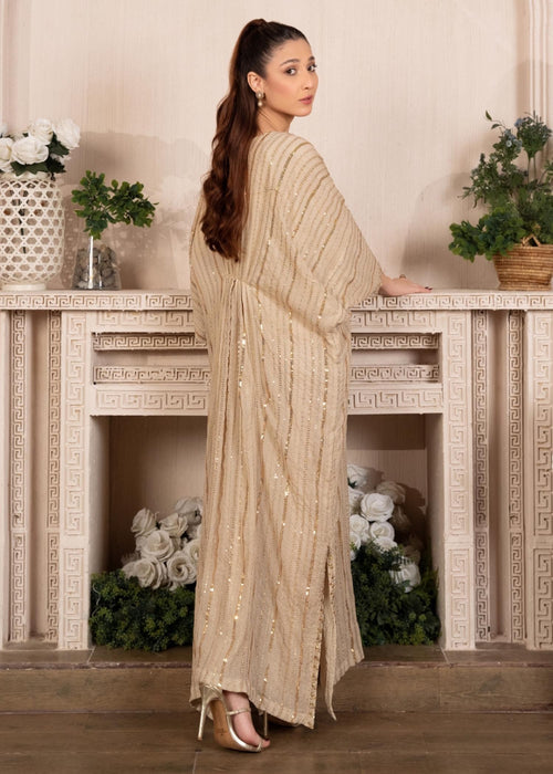 Cream Sequins Embroidered Chiffon Kaftan