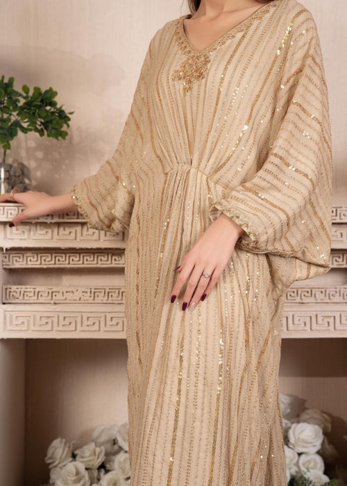 Cream Sequins Embroidered Chiffon Kaftan