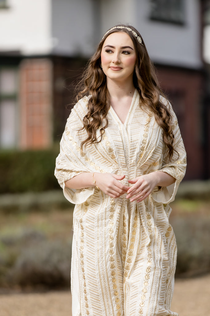 Cream Sequins Embroidered Kaftan