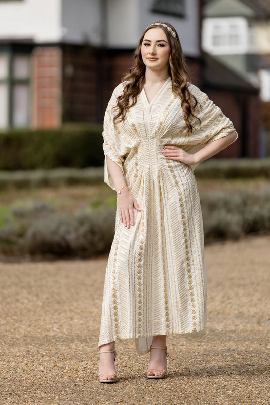 Cream White Sequins Embroidered Kaftan