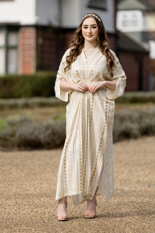 Cream White Sequins Embroidered Kaftan