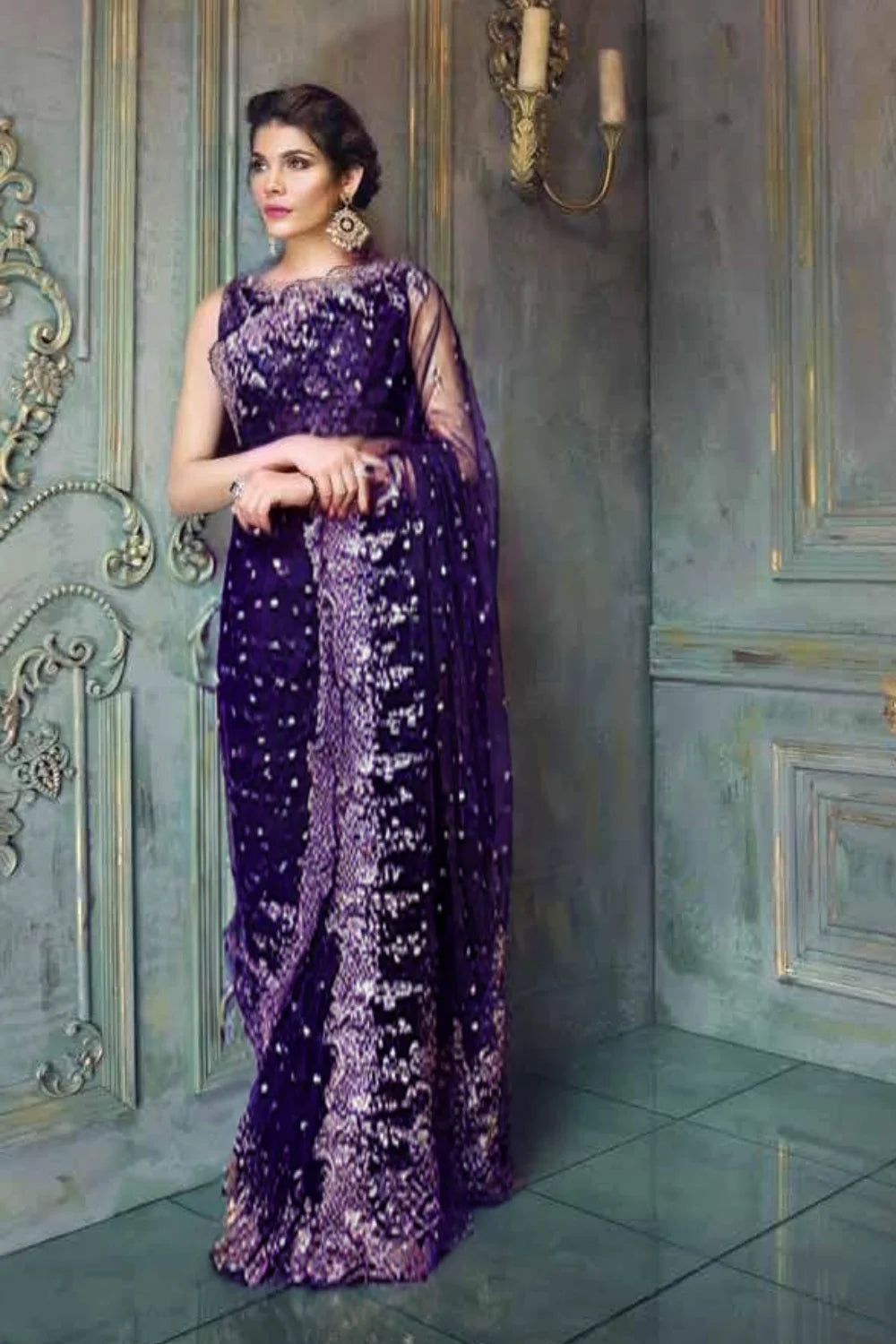 Plum Purple Hand Embellished Wedding Saree