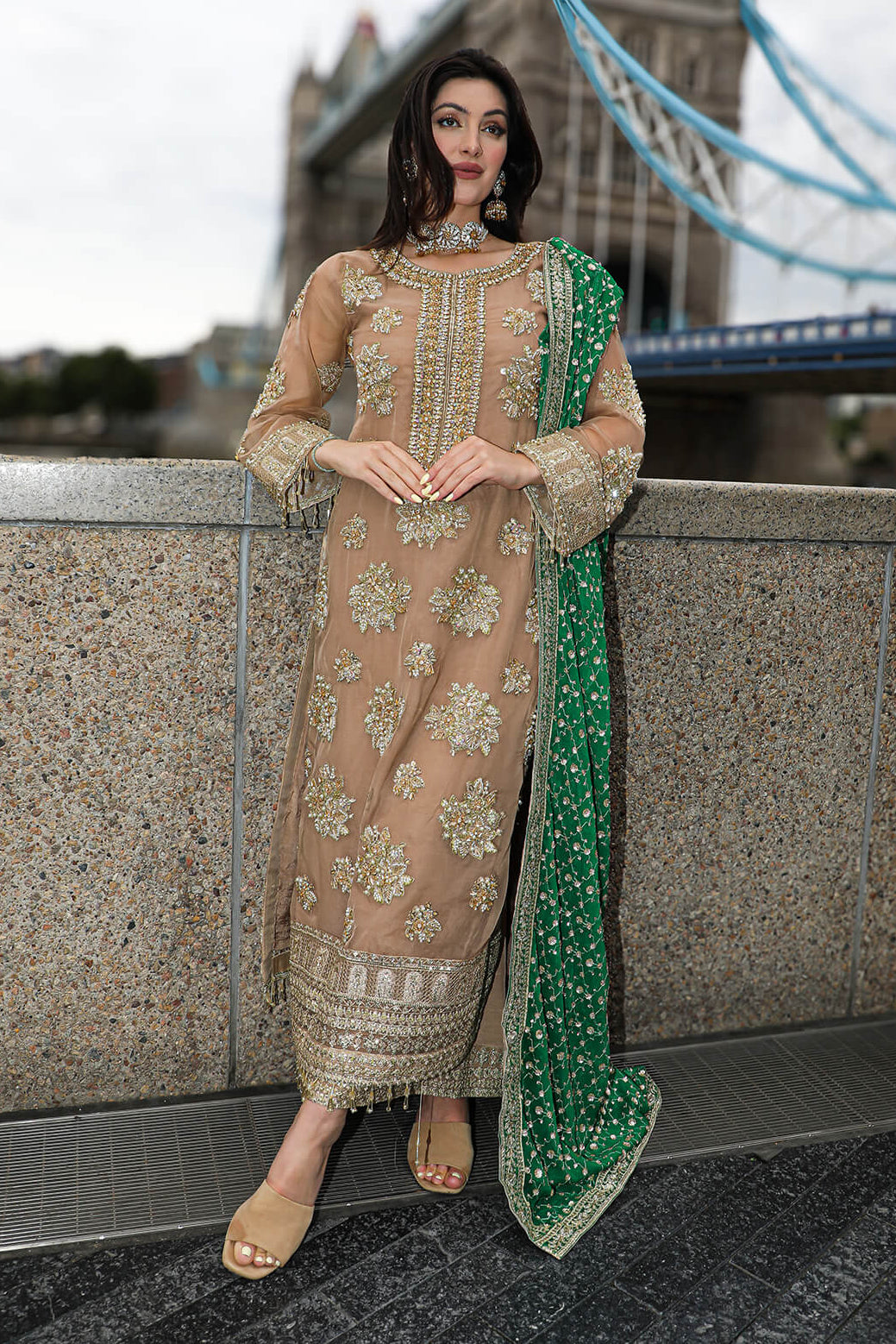 Golden-Beige Embellished Elegant Organza Suit