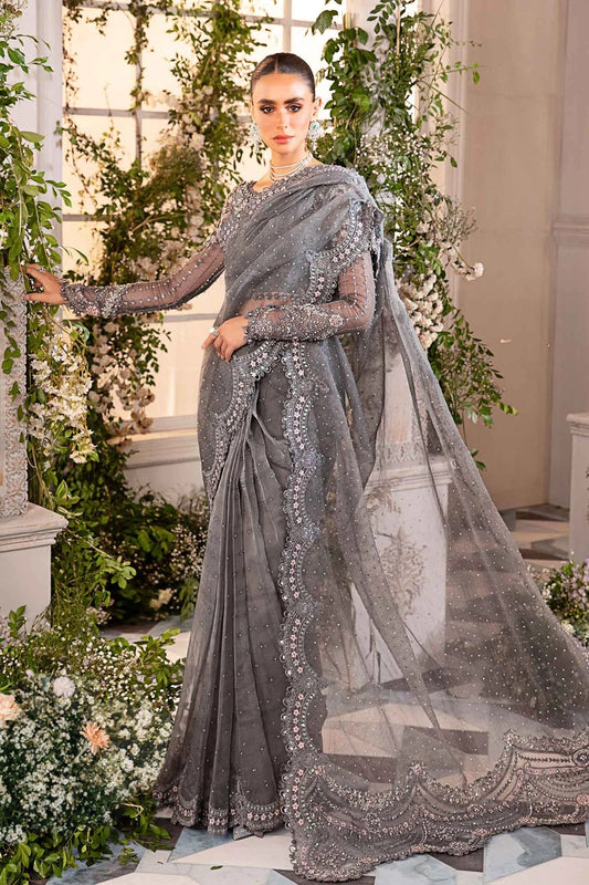 Grey Hand Embellished Wedding Saree