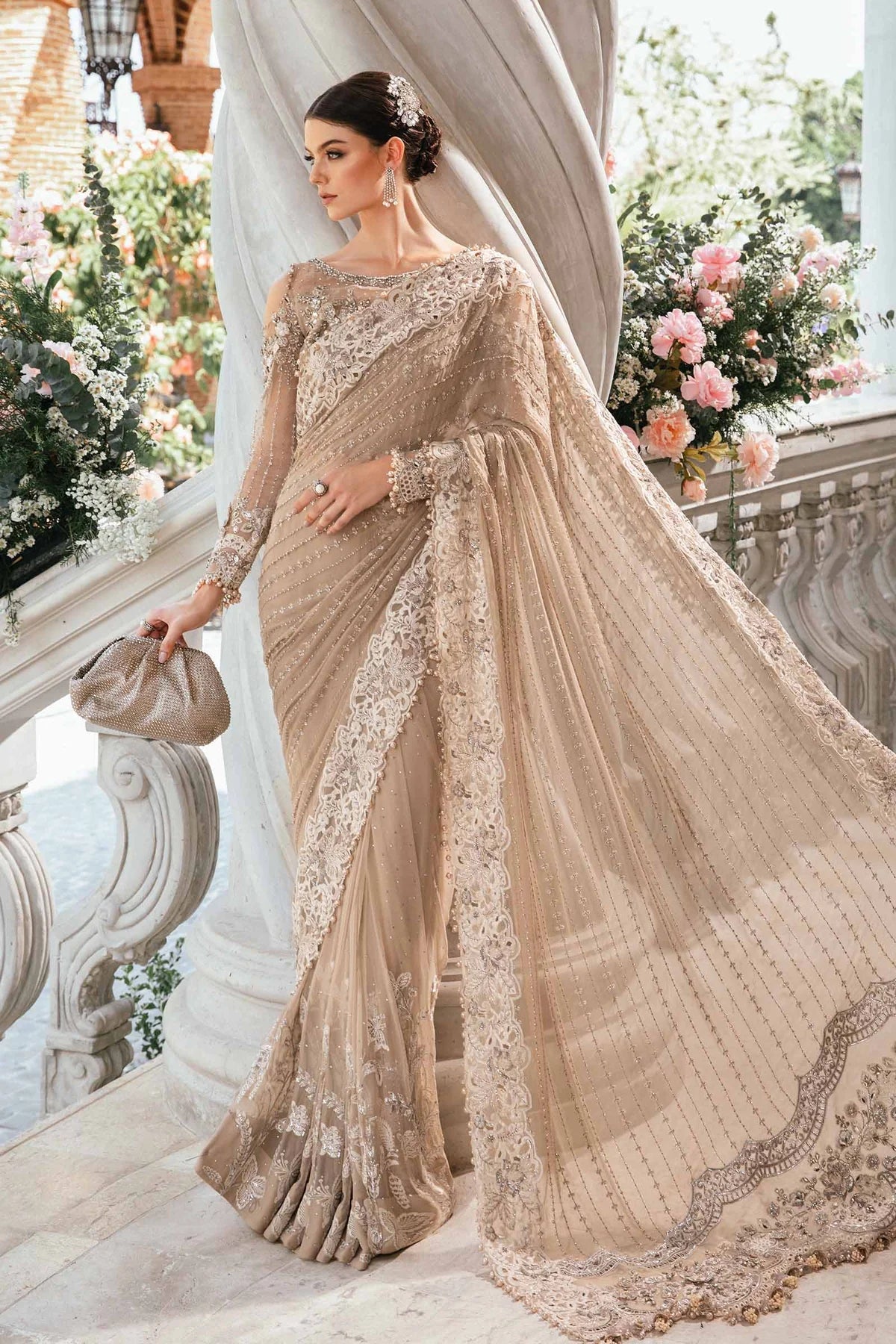 Skin Beige Pure Chiffon Wedding Saree