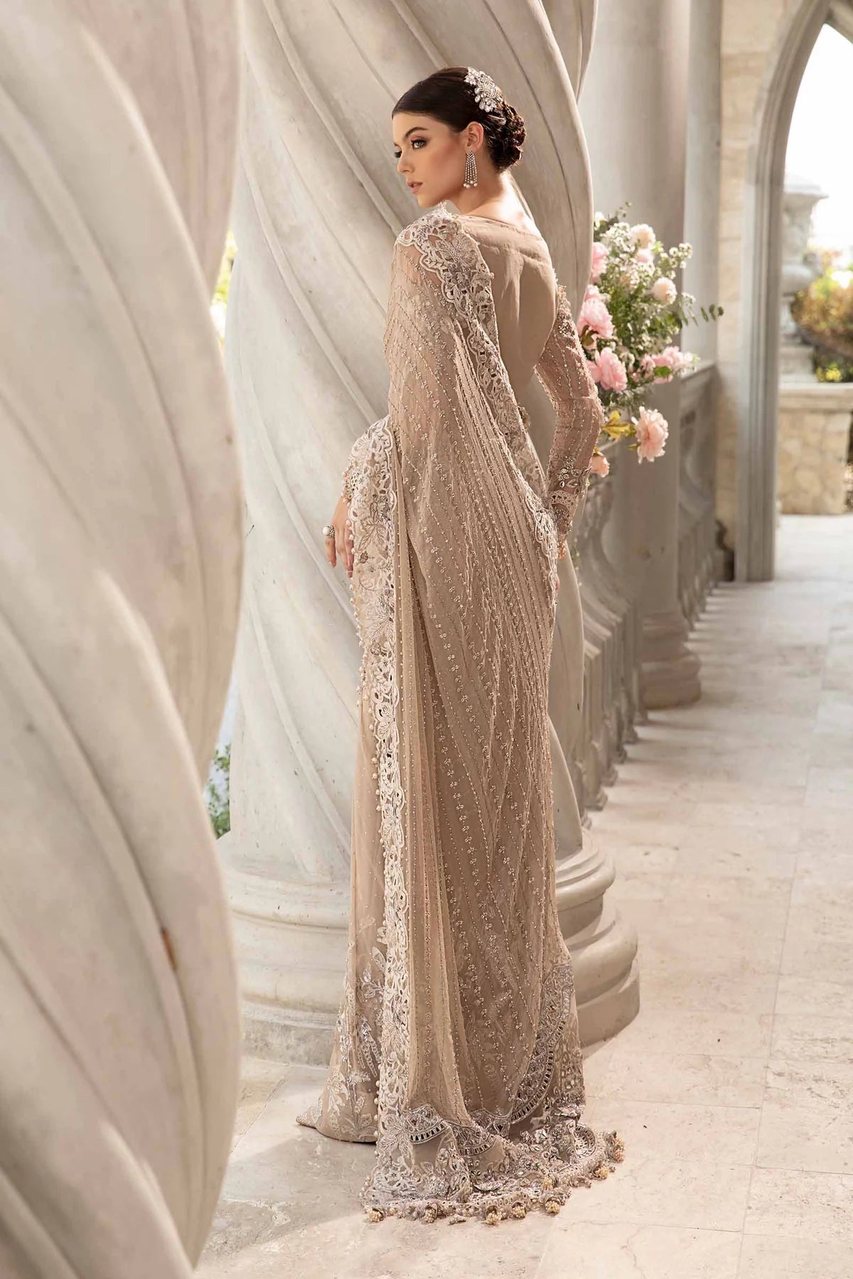 Skin Beige Pure Chiffon Wedding Saree