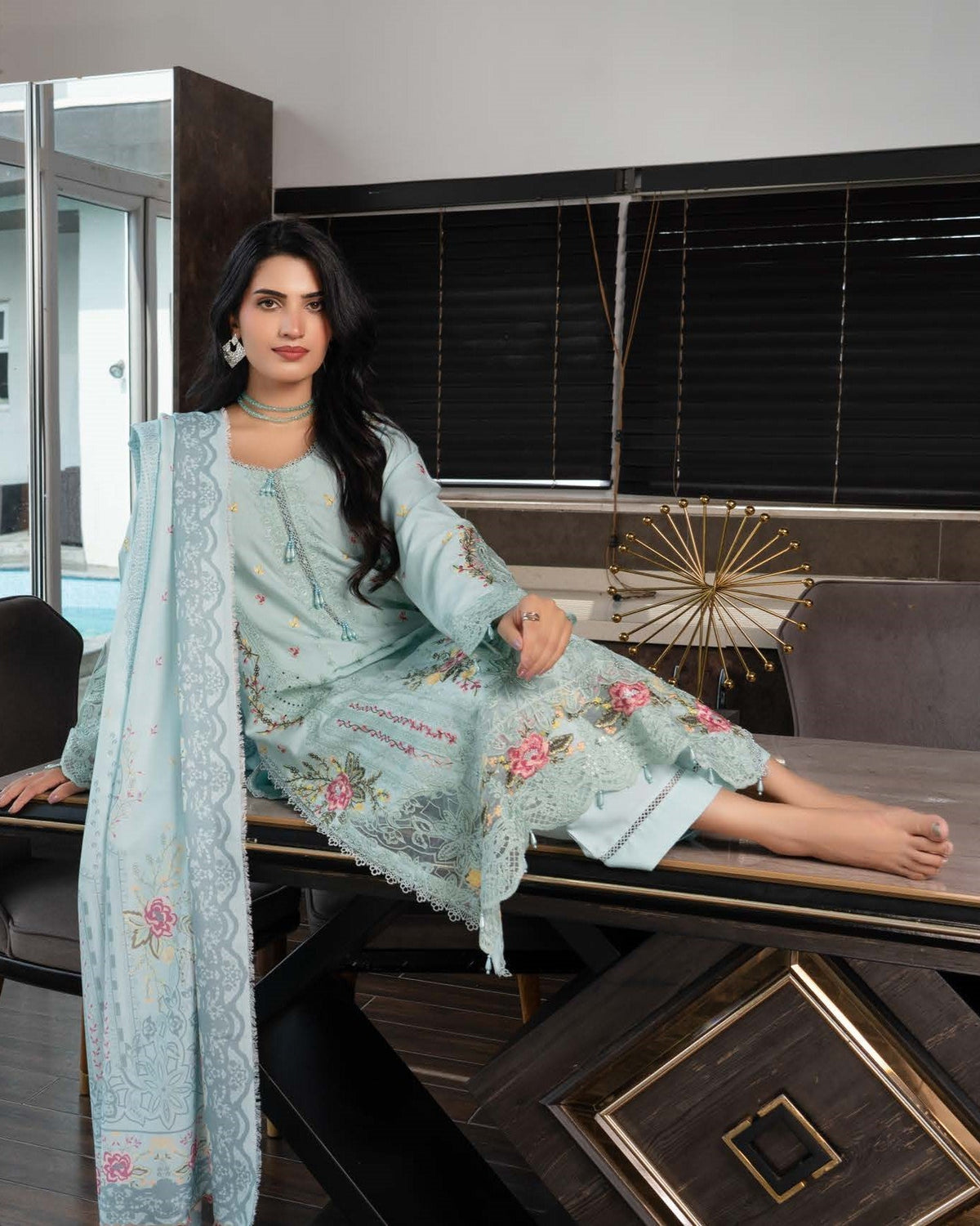 Dhanak Embroidered Pakistani Outfit with Shawl Online in Sri Lanka India Australia