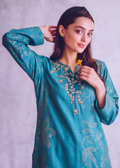 Dhanak Patchwork Steel Blue Kaftan Online in Dubai UAE Abudhabi Ajman Sharjah