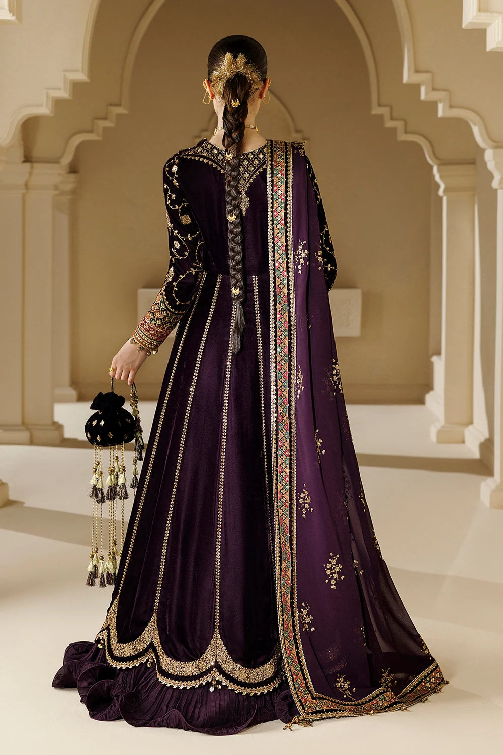 Velvet Purple Maxi Salwar Kameez Online in KSA Riyadh Saudi Arabia Oman Bahrain Qatar