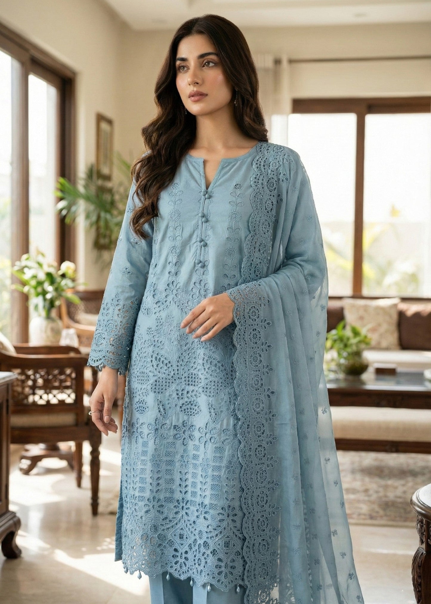 Duck Egg Grey Chikankari Cotton Festive Suit Online in Dubai UAE Abudhabi Ajman Sharjah